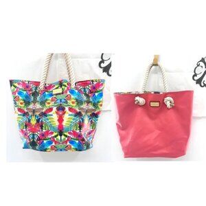 CHRISTIAN LACROIX REVERSIBLE PINK FLORAL DRAGONFLY TOTE  W/ DUST BAG